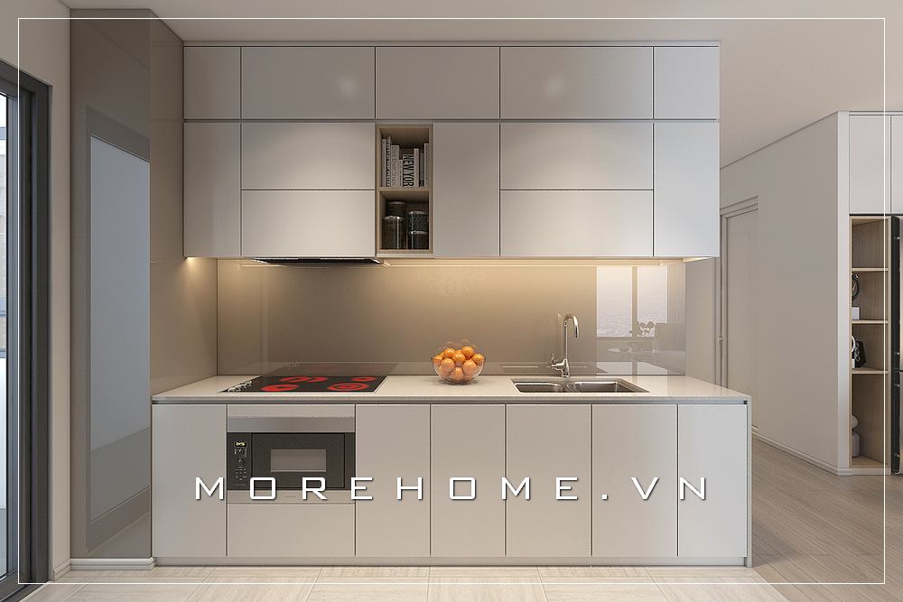 Thiết kế phòng bếp chung cư đơn giản với tone màu trắng từ nội thất gỗ công nghiệp mang đến không gian hiện đại, ấn tượng Thiết kế nội thất phòng bếp